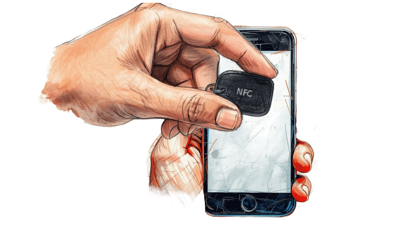 Hand holding smartphone with NFC tag showing digital contact card for James Anderson