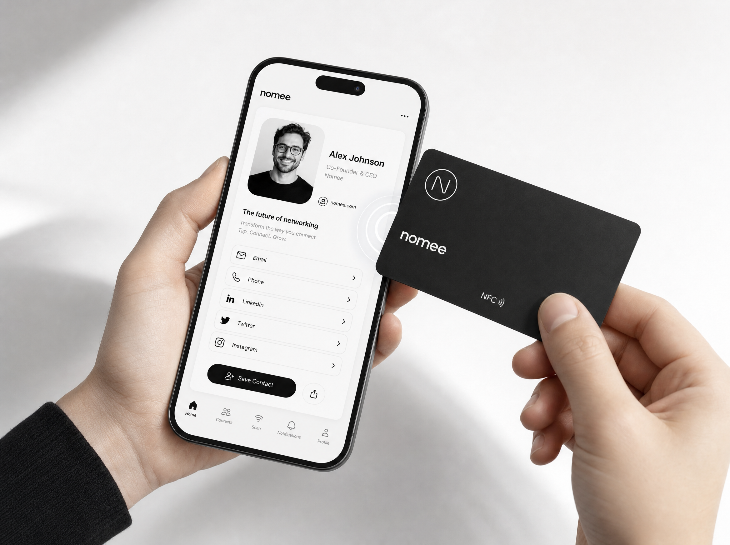 Nomee NFC card tap interaction on smartphone